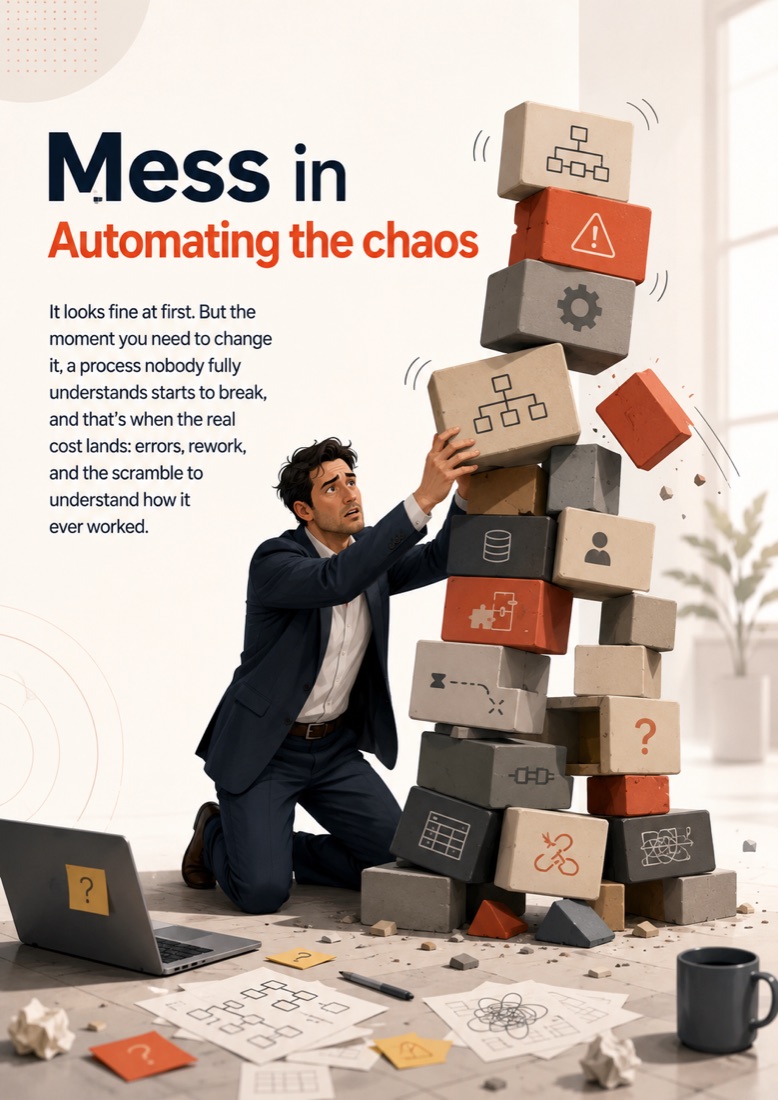 Mess in, automating the chaos: a process that looks fine at first but collapses the moment you try to change it, bringing errors, rework and the scramble to understand how it ever worked.